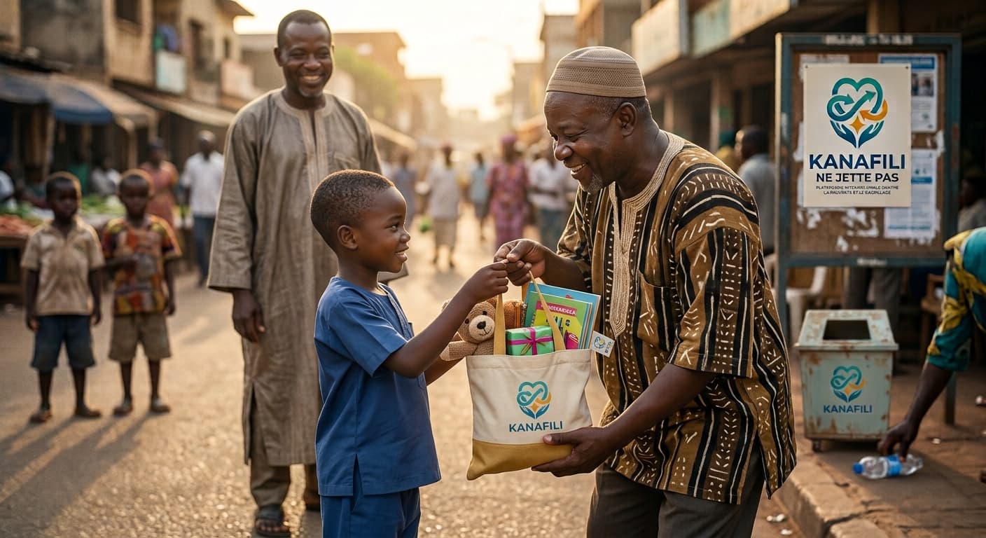 Un aîné remet un sac de dons Kanafili à un enfant souriant dans la rue